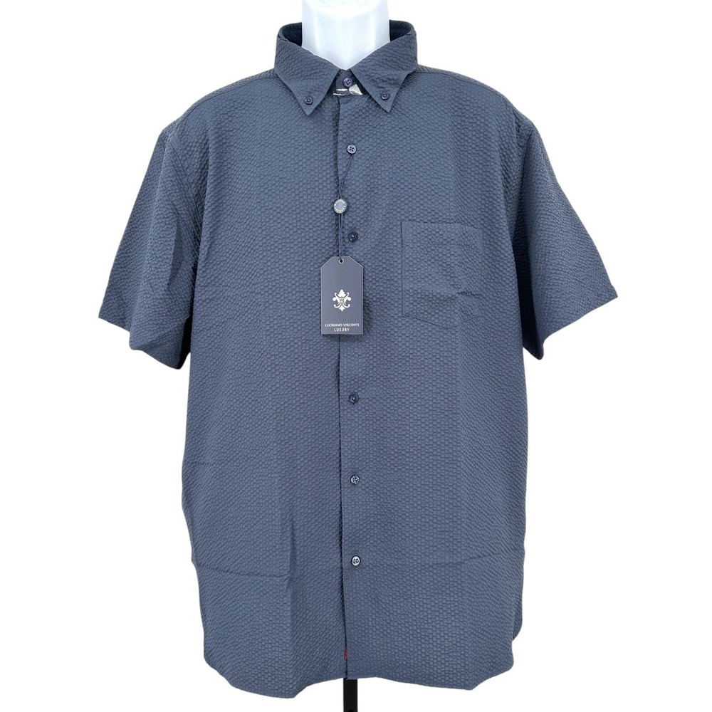 VISCONTI BLACK Navy Blue Short Sleeve Textured Performance Shirt Men's XL NEW